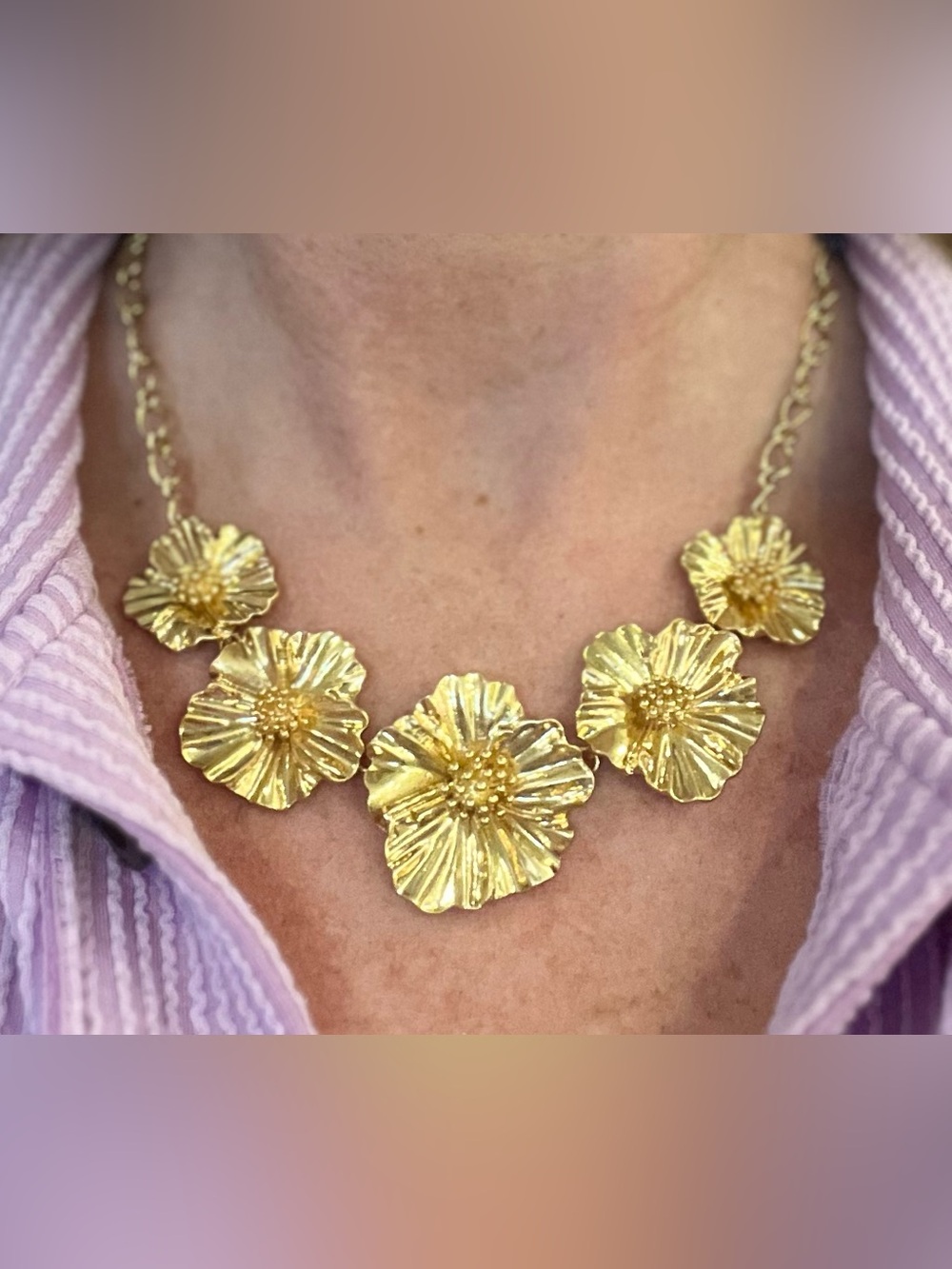 Gold Floral Five-Petal Statement Necklace - Women Jewelry